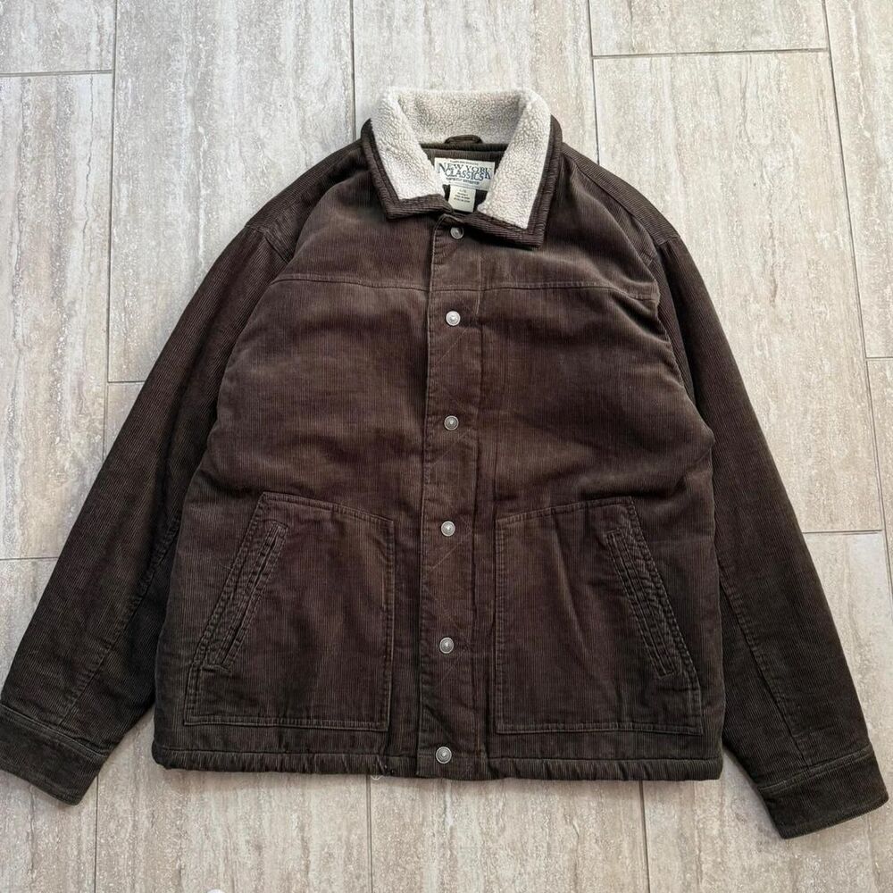 Vintage Olive Green Corduroy Sherpa Lined Chore Barn coat Trucker Jacket Sz L